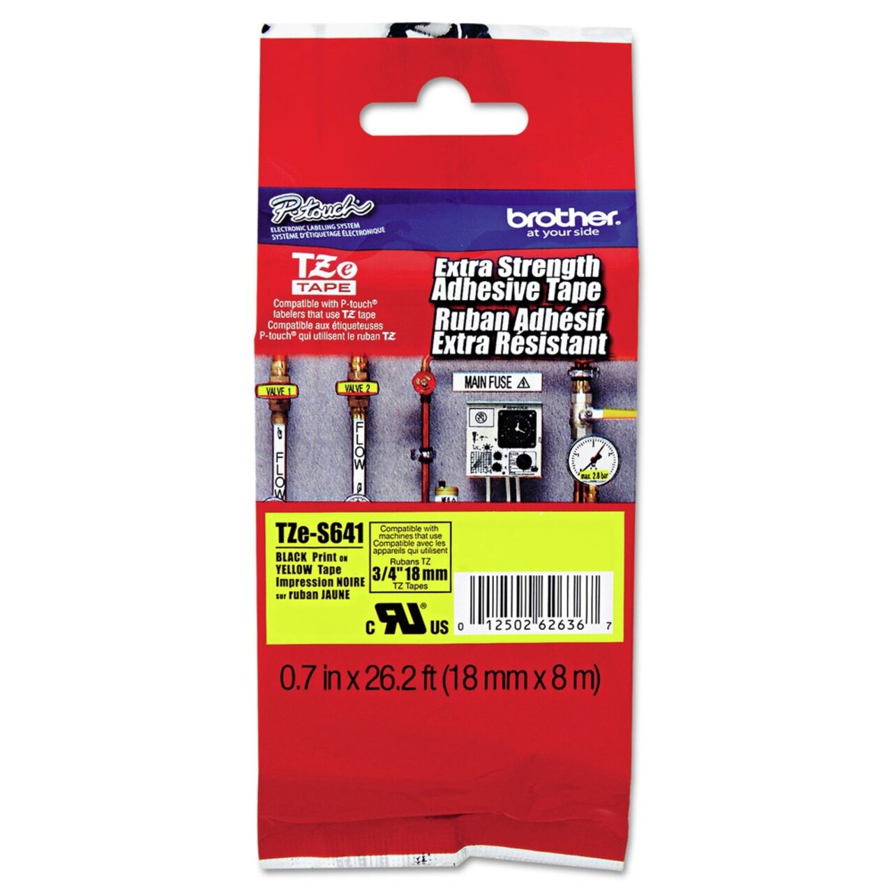 Brother P-Touch 0.7 in. x 26.2 ft. TZe Standard Adhesive Laminated Labeling Tape - Black on Yellow